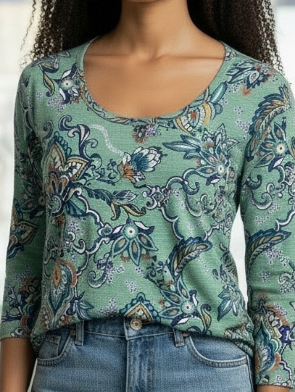 Chico's Mint Green Paisley Cotton, Scoop-Neck Three-quarter Sleeve Top